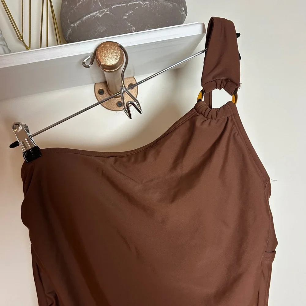 Kona‎ Sol Womens Brown One Shoulder Ring Detail Ruched One Piece Swimsuit Large